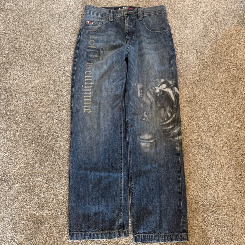 Lot29 Taz Looney Tunes Baggy Jeans Y2K Streetwear Wide Leg Blue Denim 32x31